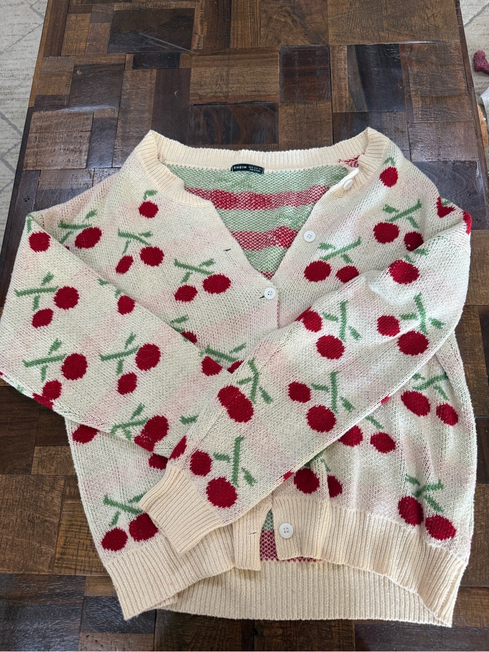 SHEIN Cream Cardigan with Red Cherry Print